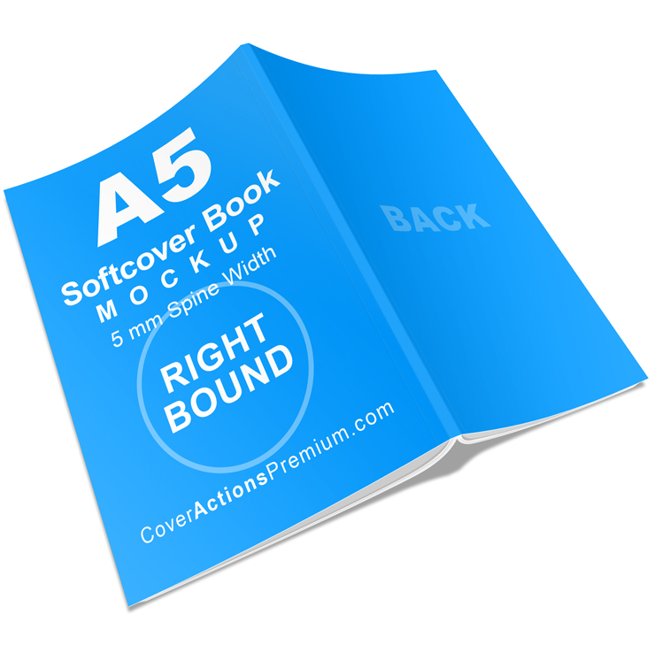 A5 right bound softcover Book Mockup- slim 5 mm open spread