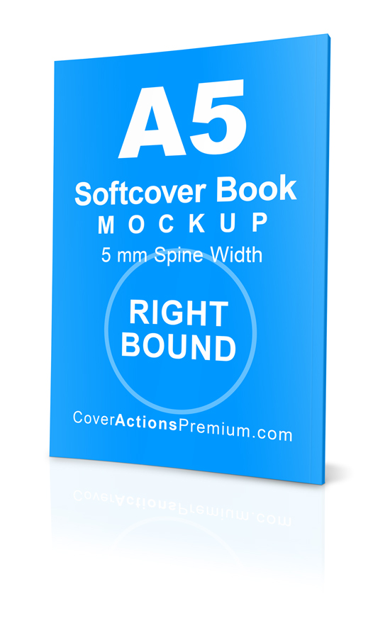 A5 right bound softcover Book Mockup- slim 5 mm open spread- upright book