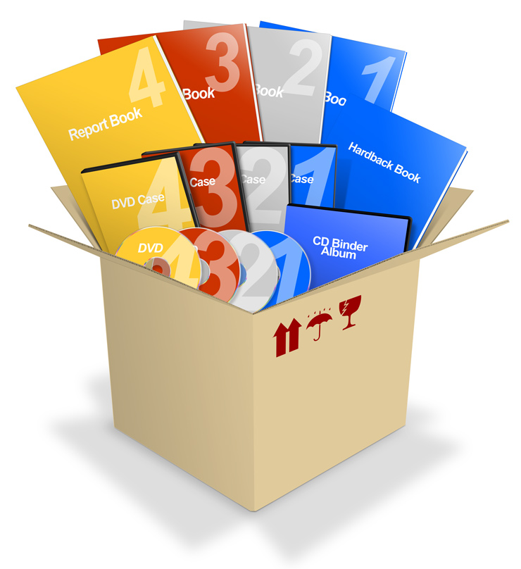 Complete learning system mockup with books, DVD case, and CD binder